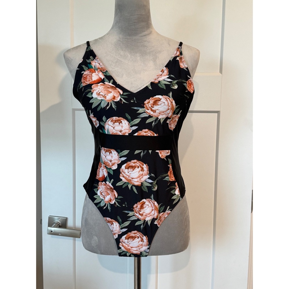 Cupshe Floral One Piece Swimsuit Black Peach Peony V-Neck XL NWT